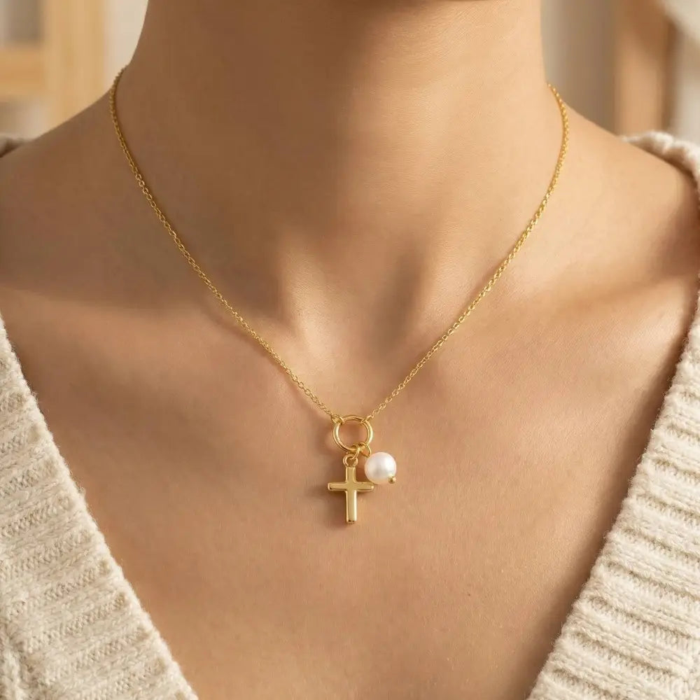 Gold Dipped Cross & Pearl Charms Necklace