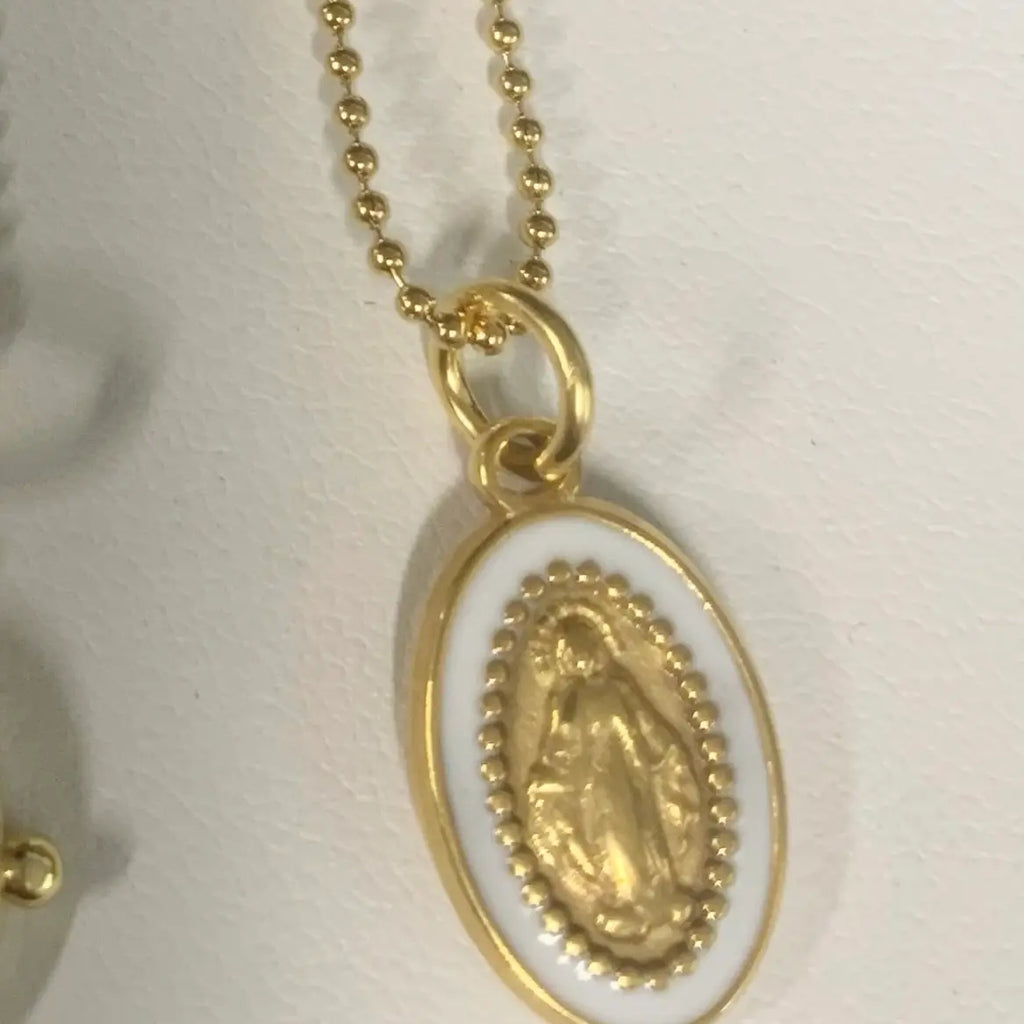 White Enamel and Gold Mary Medal Chain Necklace
