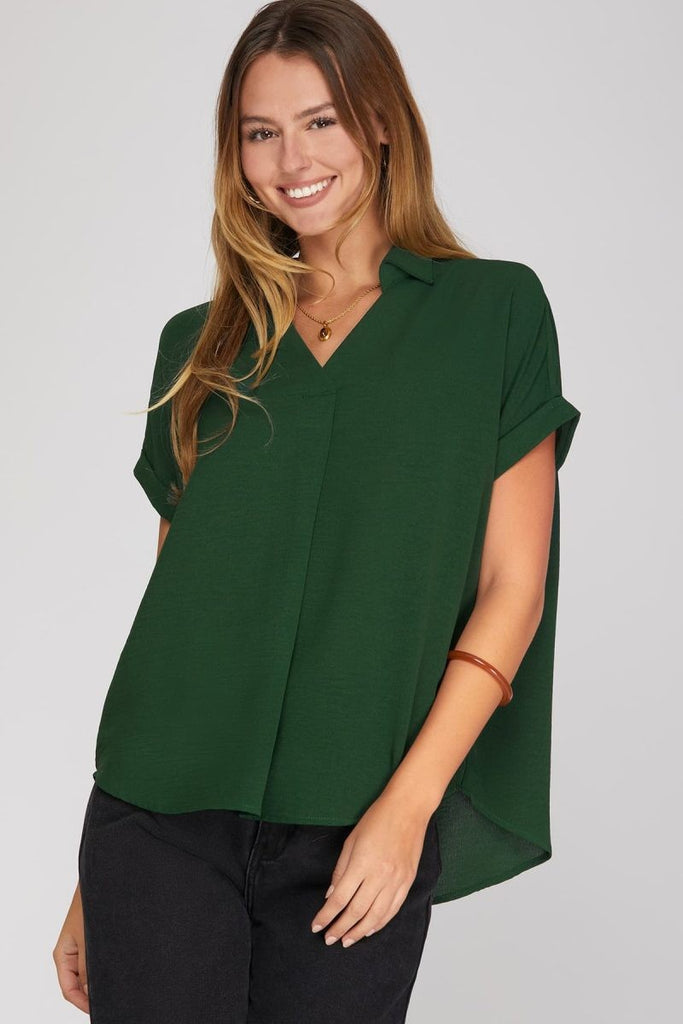 Drop Shoulder Collared Woven Top