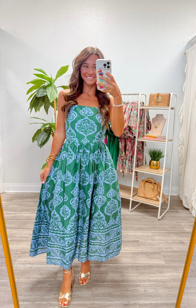 Printed Strapless Midi Dress