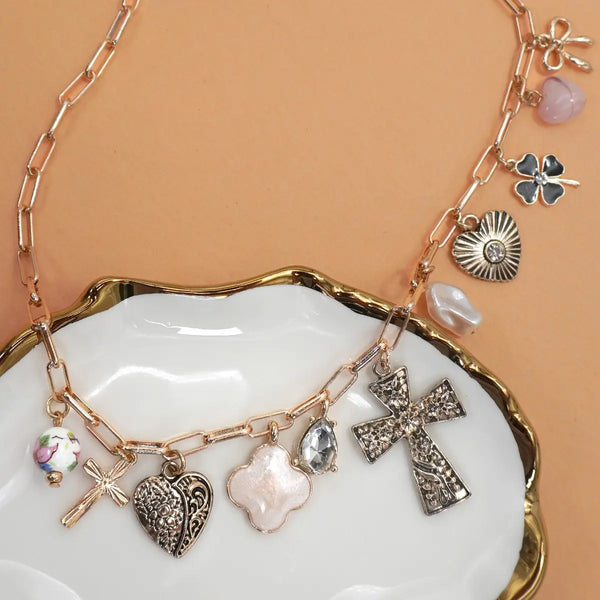 Charm Necklace-Clover Cross Heart Bow Porcelain