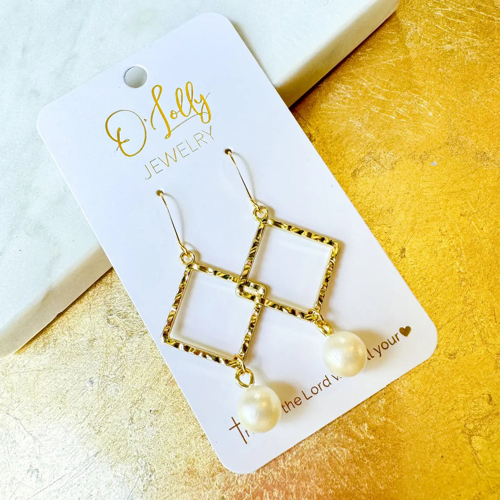 Gold Textured Square w/ Pearl Charm Earrings