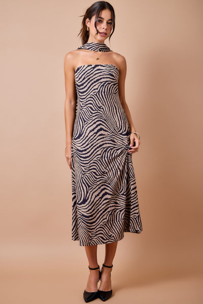Tiger Print Strapless Midi Dress