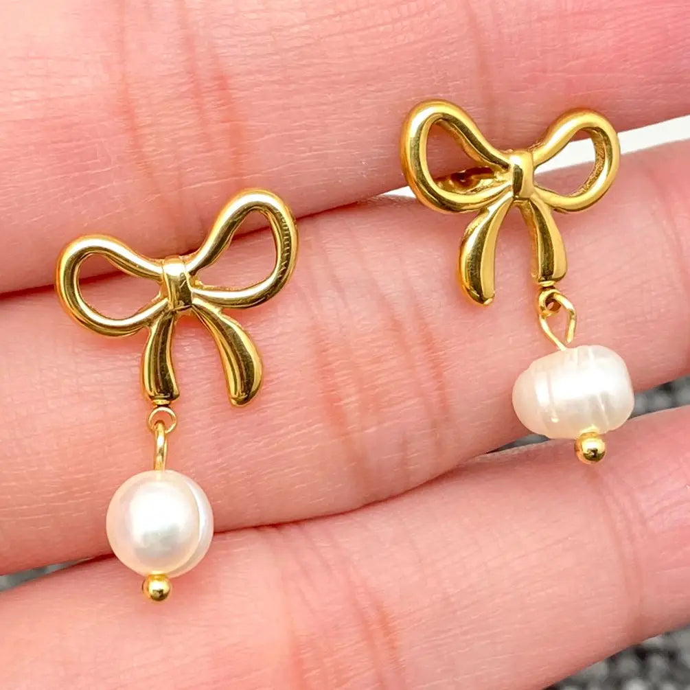 Pearl Charm 18K Gold Plated Bow Post Earrings