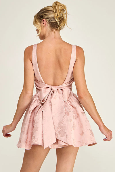 Jacquard Square Neck Ribbon Mini Dress