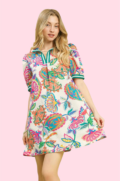 Jacquard Paisley Print Puff Sleeve Tunic Dress