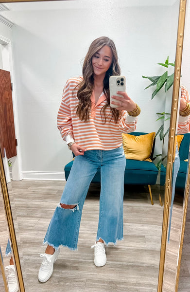 Oversized Crop Stripe V-Neck Hoodie