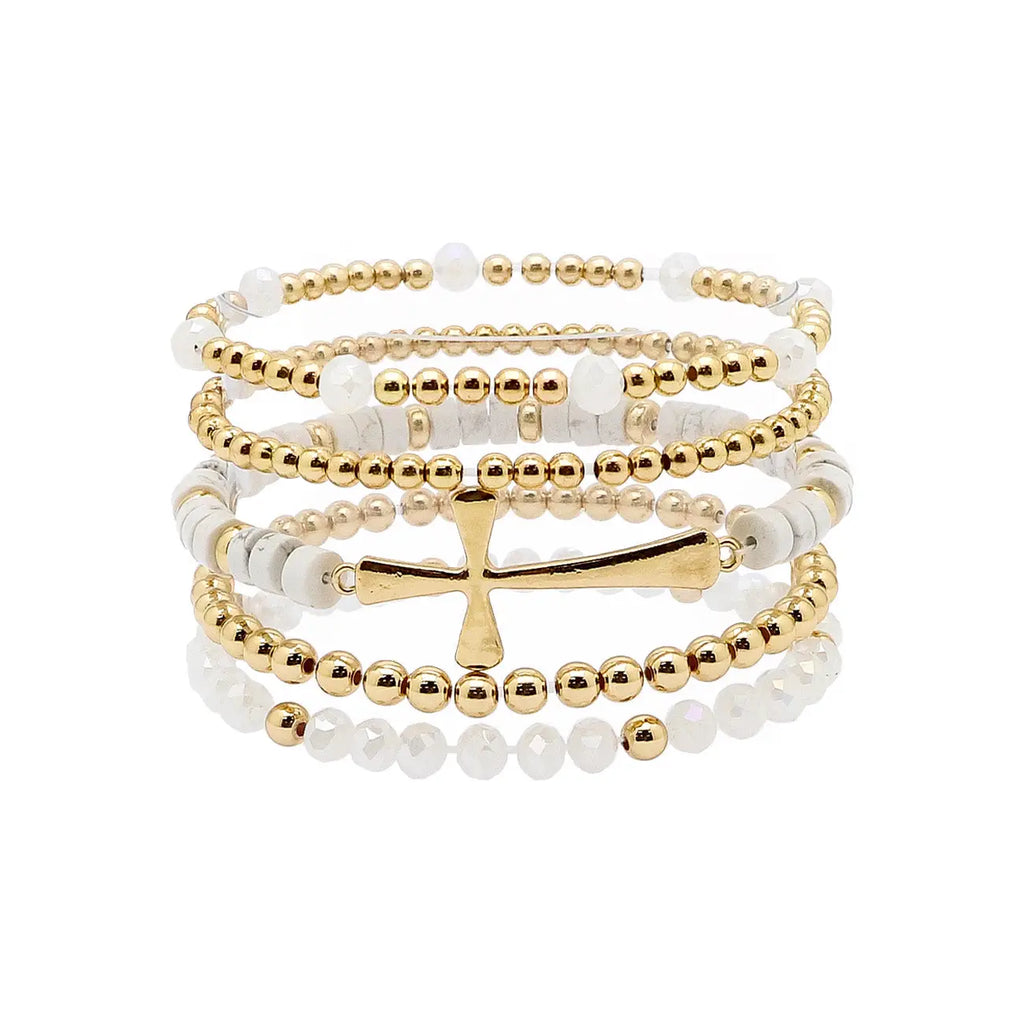 Set of 5 Stretch Bracelets with Gold, White Crystals, and Gold Cross