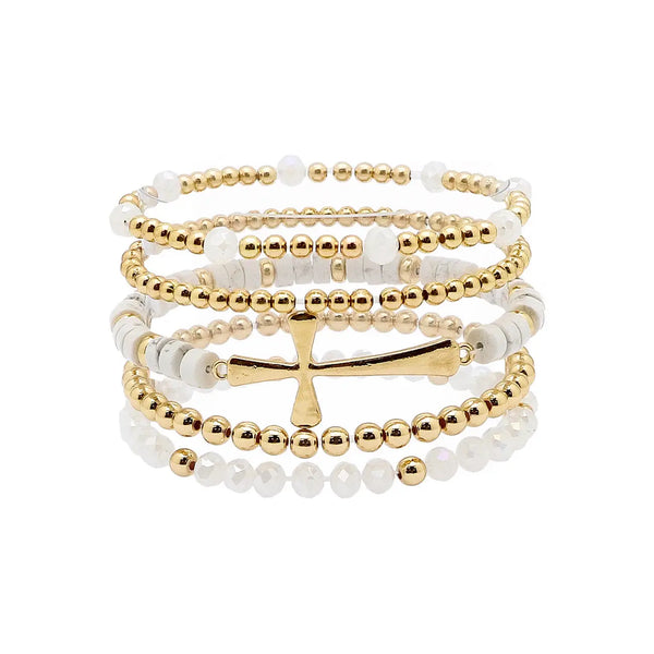 Set of 5 Stretch Bracelets with Gold, White Crystals, and Gold Cross