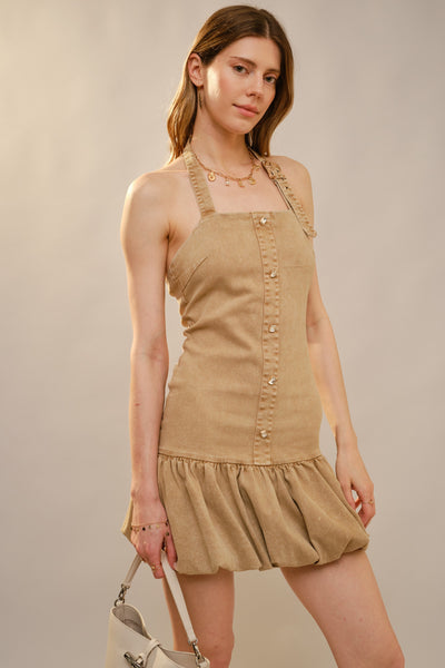 Buckle Neck Strap Bubble Hem Mini Dress