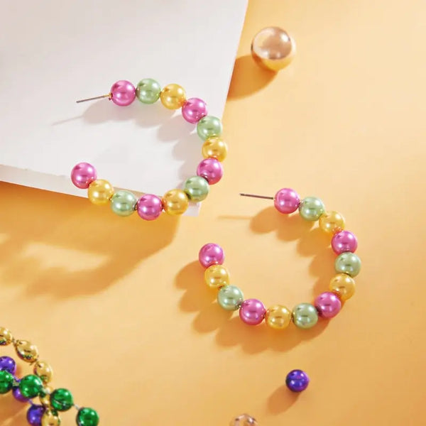 Round Shaped Mardi Gras Pearl Hoop Earrings