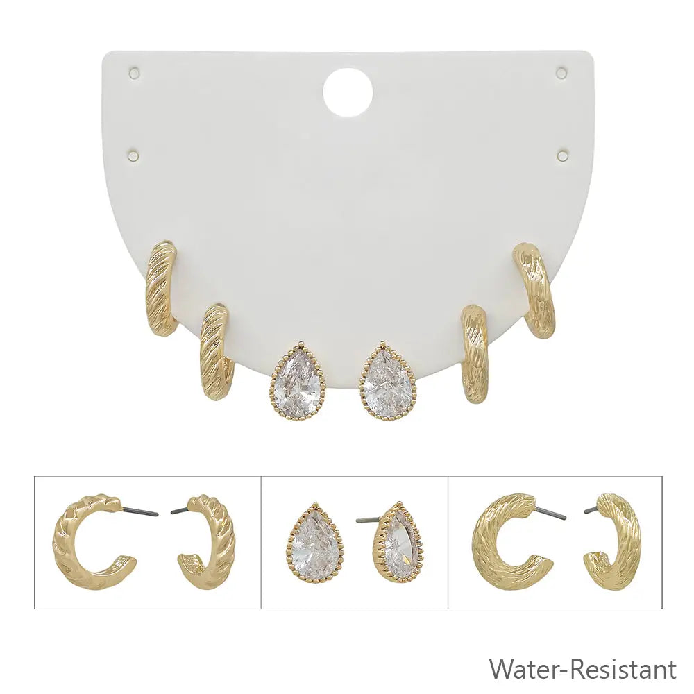 Set of 3 Gold Crystal Teardrop, and Textured Huggie Hoops