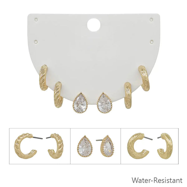 Set of 3 Gold Crystal Teardrop, and Textured Huggie Hoops