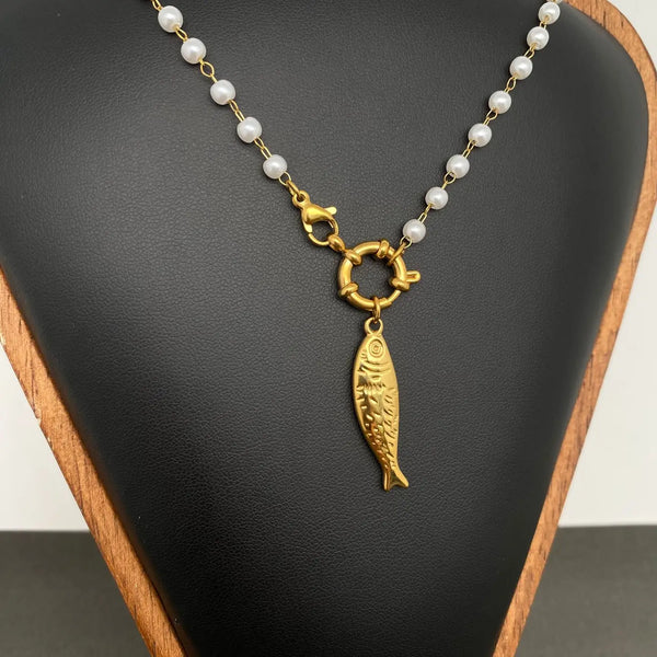 18K Gold Plated Fish Charm Pearl Beaded Necklace