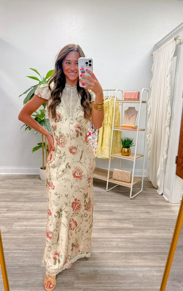 Floral Satin Lace Keyhole Back Maxi Dress