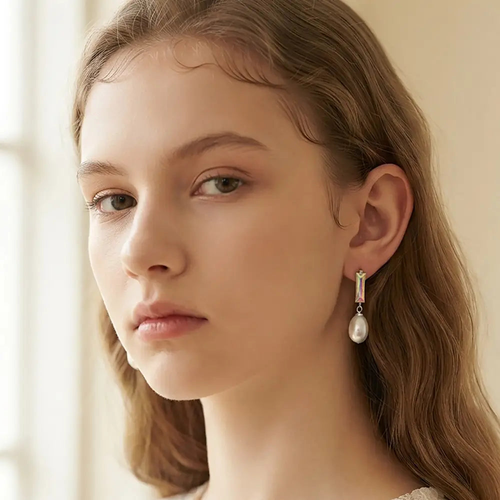 Cz Bar Oval Pearl Drop Earrings