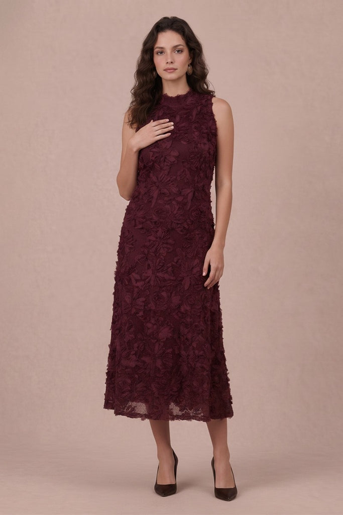 Flower Applique Mock Neck Midi Dress