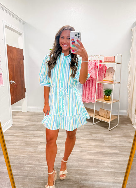 Vertical Striped Waist Tie Shirt Dress