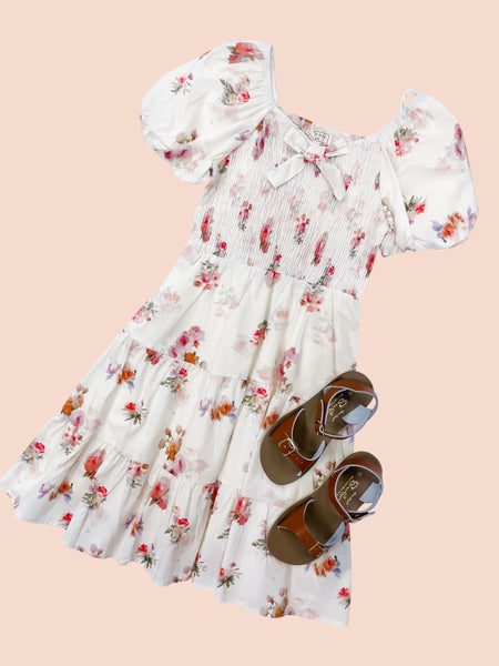 Girls Bow Detailed Smocked Textured Floral Dress