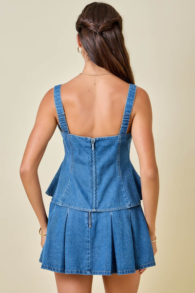 Peplum Pleated Denim Top & Skort Set