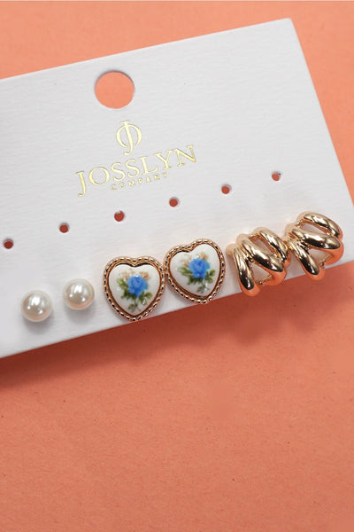 Heart Floral Porcelain Hoop Earrings Trio Set