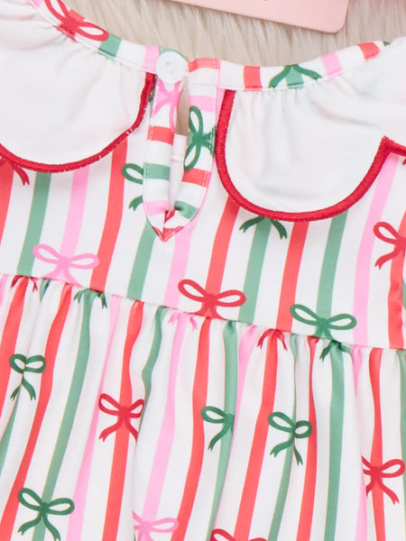 Merry Bow Stripes Bubble Romper