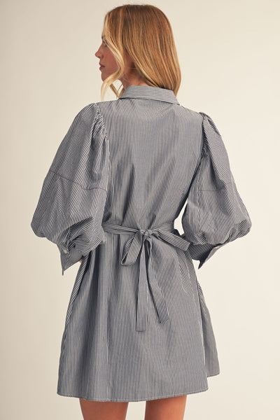Bishop Sleeves Waist Tie Pinstripe Dress