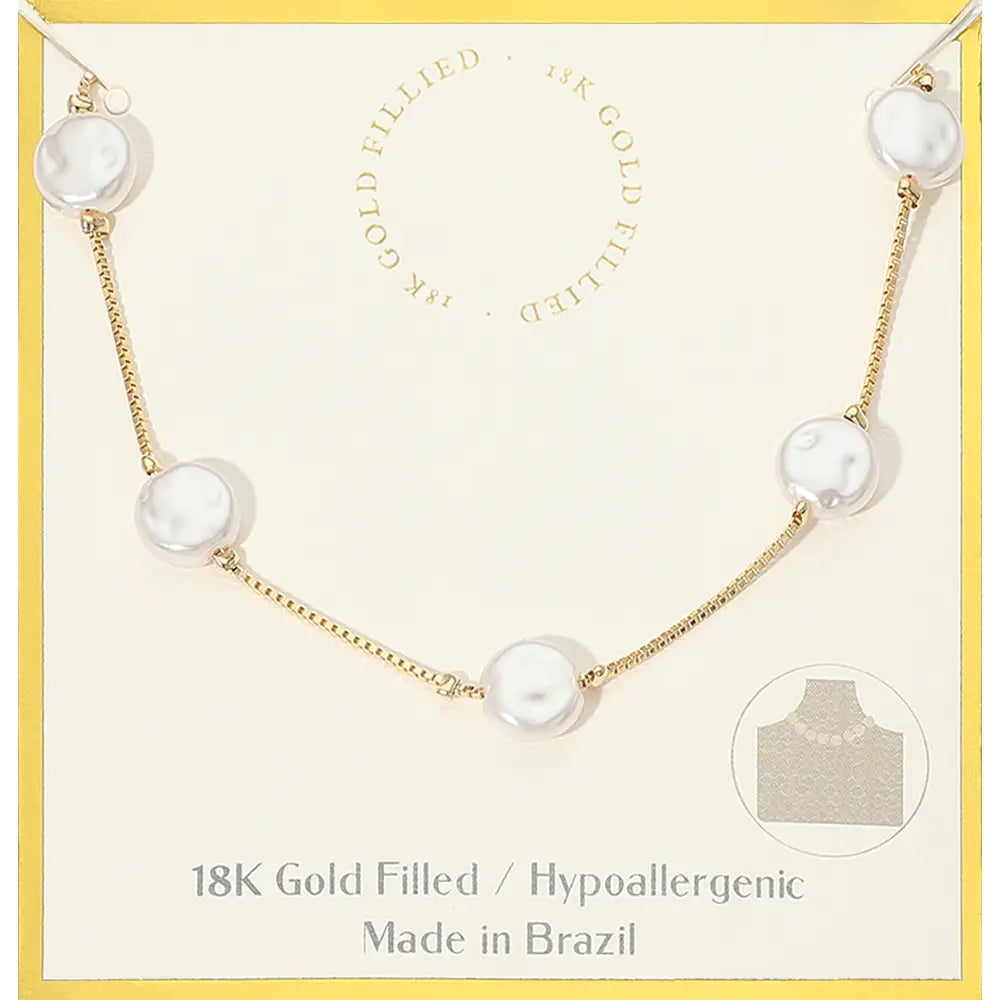 18K Gold Filled Pearl Disc Station Link Chain Necklace