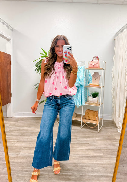 Tie Strap Smocked Polka Dot Top