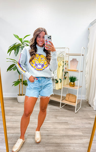 LSU Mock Neck Sequin Stripe Sweatshirt