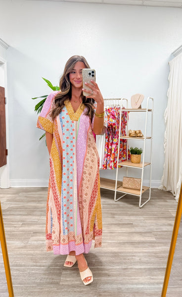 Patchwork Print Deep V-Neck Dress
