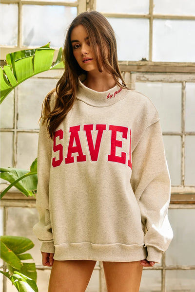 Embroidered "Saved" Mock Neck Sweatshirt