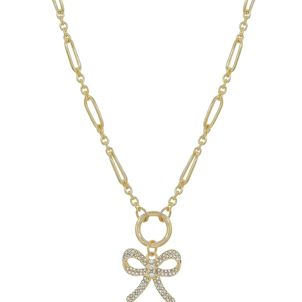 Gold Chain Necklace with Rhinestone Bow Charm