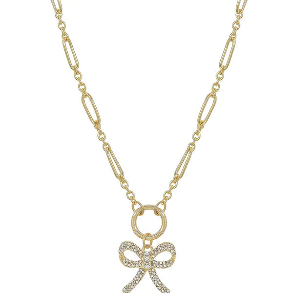 Gold Chain Necklace with Rhinestone Bow Charm