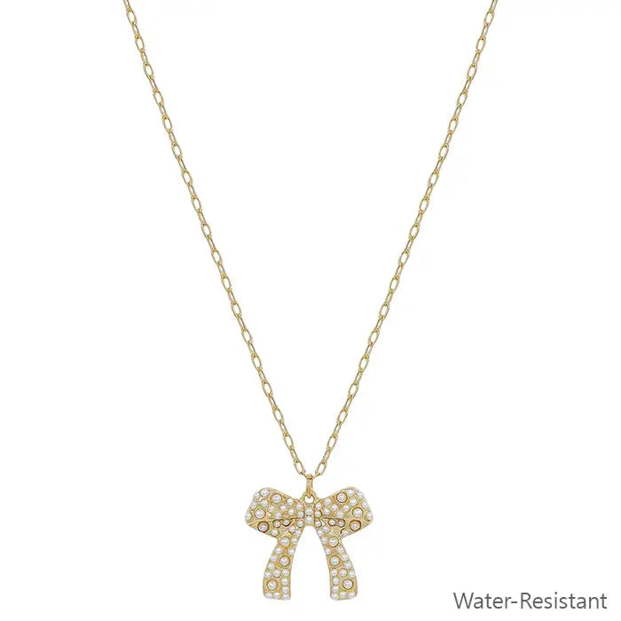 Water Resistant Gold Chain w/ Pearl Dotted Bow 16"-18" Necklace