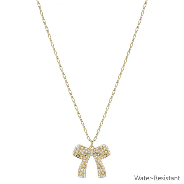Water Resistant Gold Chain w/ Pearl Dotted Bow 16"-18" Necklace