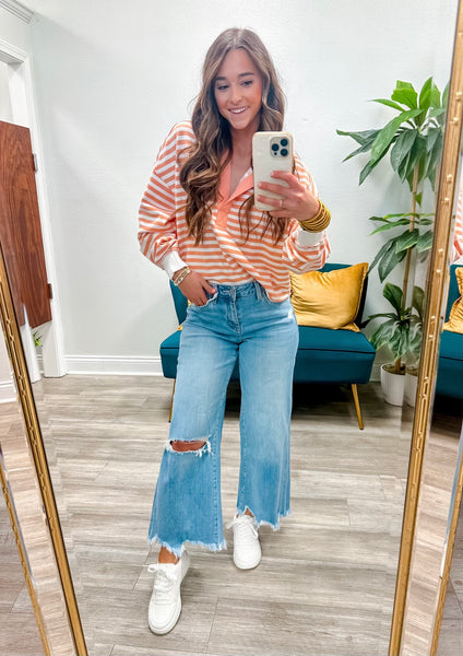 Oversized Crop Stripe V-Neck Hoodie