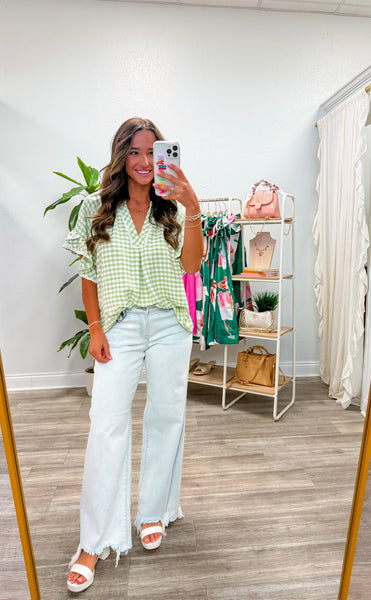 Gingham V-Neck Ruffle Top