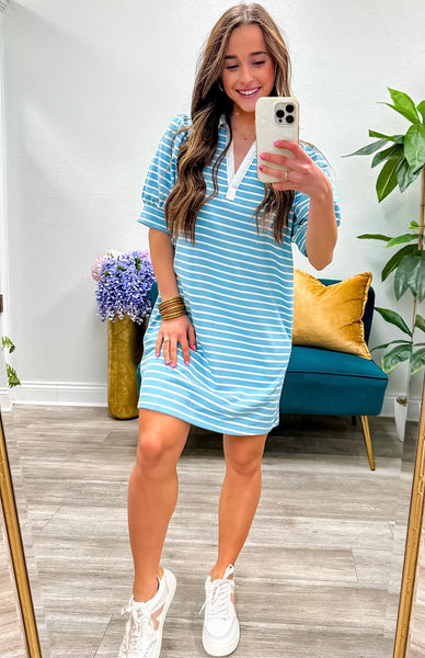 Stripe V-Neck Puff Sleeve Mini Dress