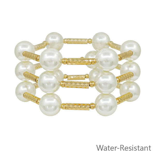 Water Resistant Set of 3 Gold Tube w/ 14mm Pearl Beaded Bracelet Set
