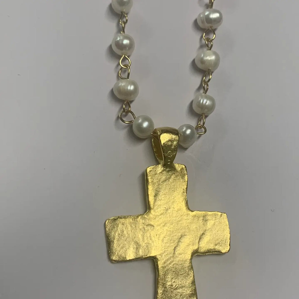 Hammered Cross Pendant Necklace With Pearl Chain