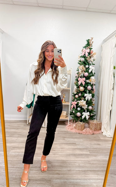 Satin Long Sleeve Collar Bodysuit Top