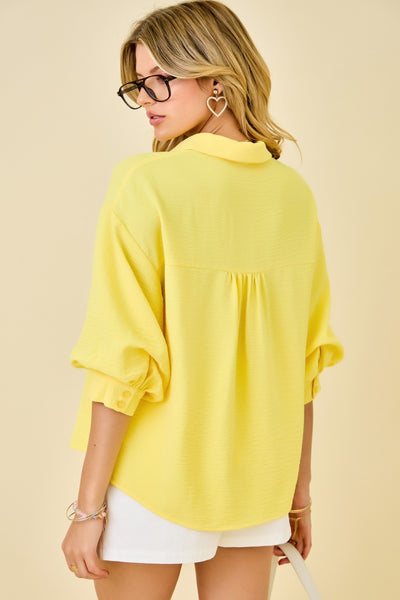 Cuffed Bubble Sleeve Button Down Top