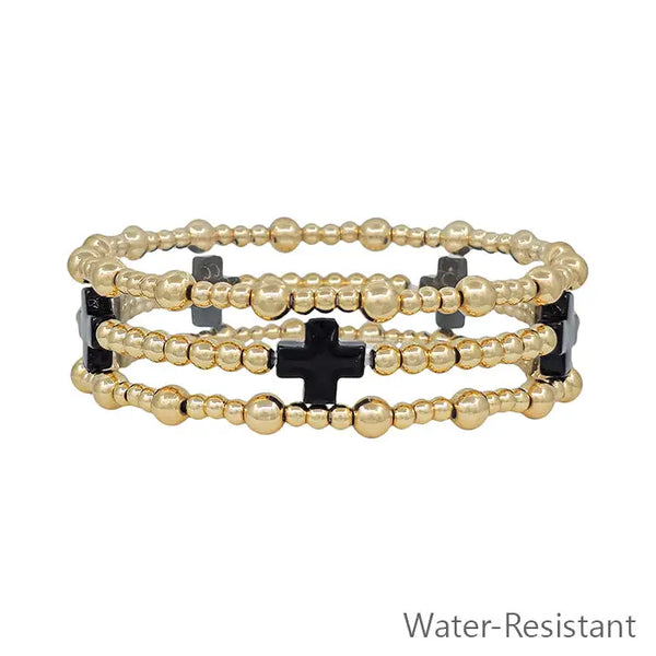 Water Resistant Gold Set of 3 3&4mm Beaded w/ Black Cross Stretch Bracelets