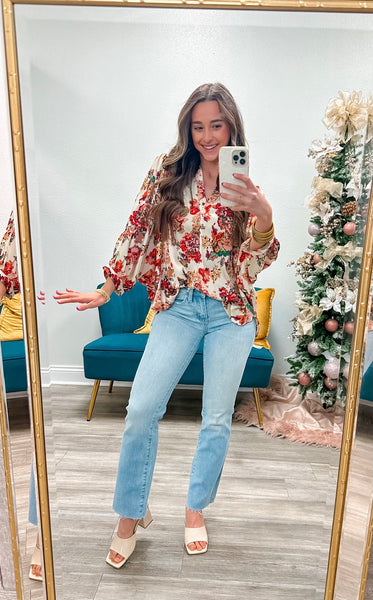 Floral Print 3/4 Dolman Sleeves Top