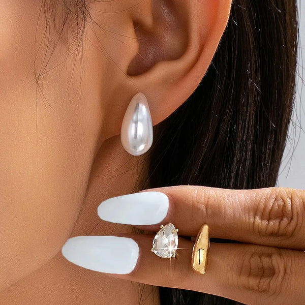 Teardrop Crystal Gold Pearl Trio Stud Earring Set