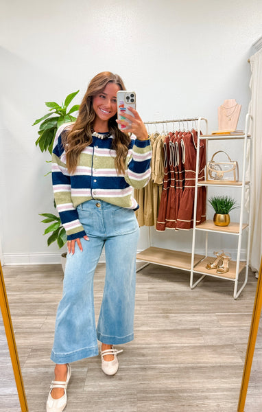 Striped Knit Crew Neck Button Cardigan