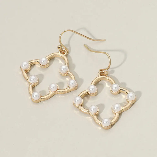 Pearl Accent Open Quatrefoil Drop Dangle Earrings