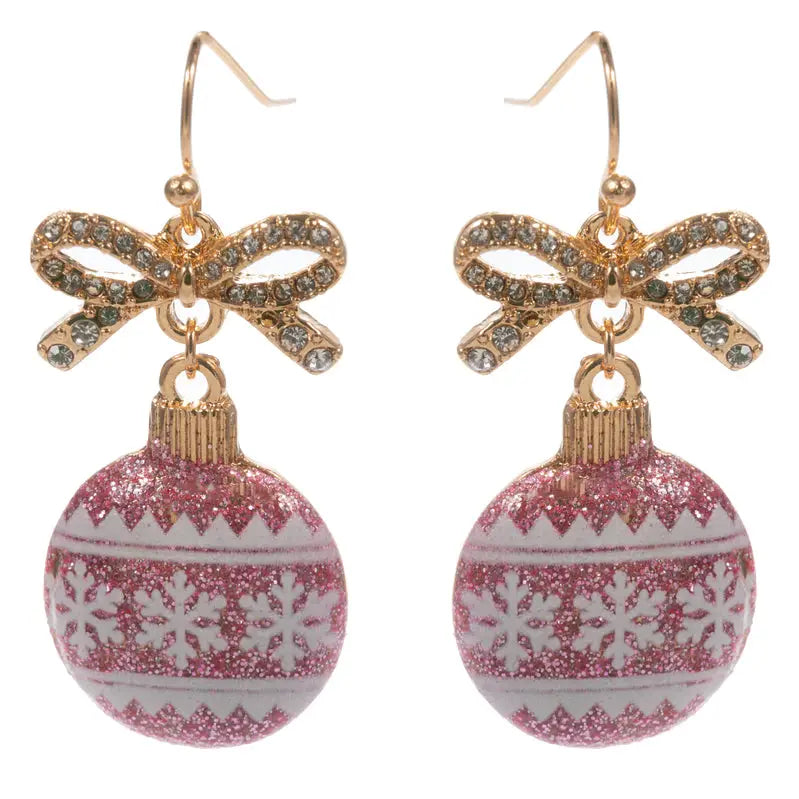 Gold Bow w/ Pink & White Glitter Ornament 2" Christmas Earring