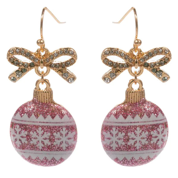 Gold Bow w/ Pink & White Glitter Ornament 2" Christmas Earring
